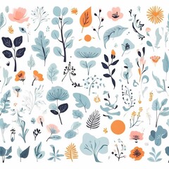 A collection of seamless pattern, colorful abstract plants and flowers. Hand drawn Collection of leaves and flowers. A close up of a pattern of flowers and leaves.
