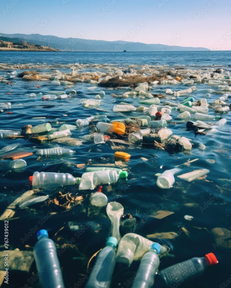 Poster plastic bottles and other trash floating in the ocean. generative ai.