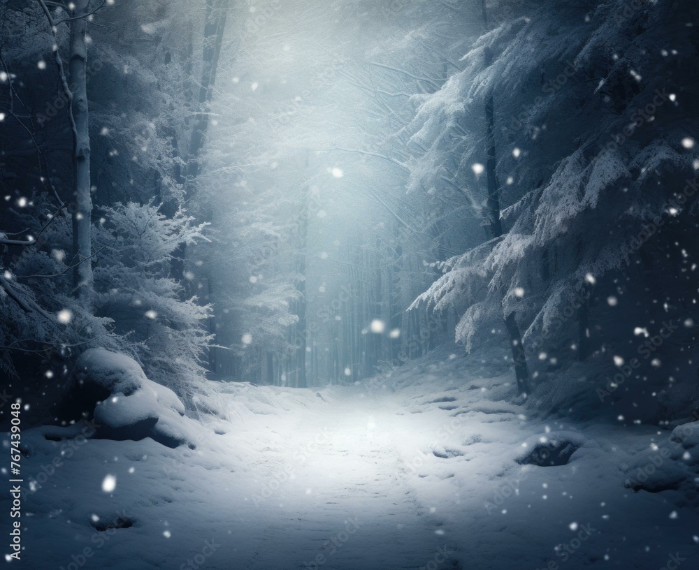 Poster a snowy path in the woods with snow falling from trees. generative ai.