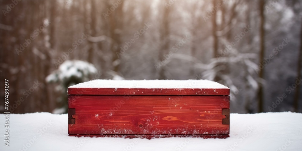 Poster a red box sitting in the snow with a tree behind it. generative ai.