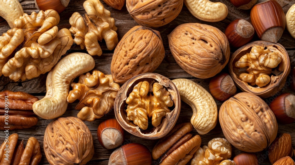 Aufkleber assorted nuts arranged in top view creating an organic background with various kinds of nuts