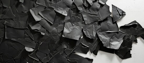 Black paper pieces on a white wall.