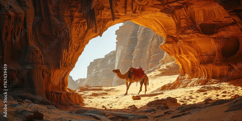 Poster a camel is standing in a cave with rocks on the ground. generative ai.