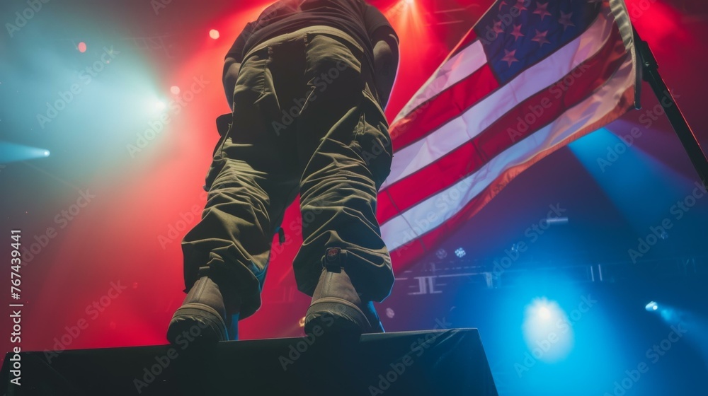 Poster a man standing on a flag pole with lights in the background. generative ai.