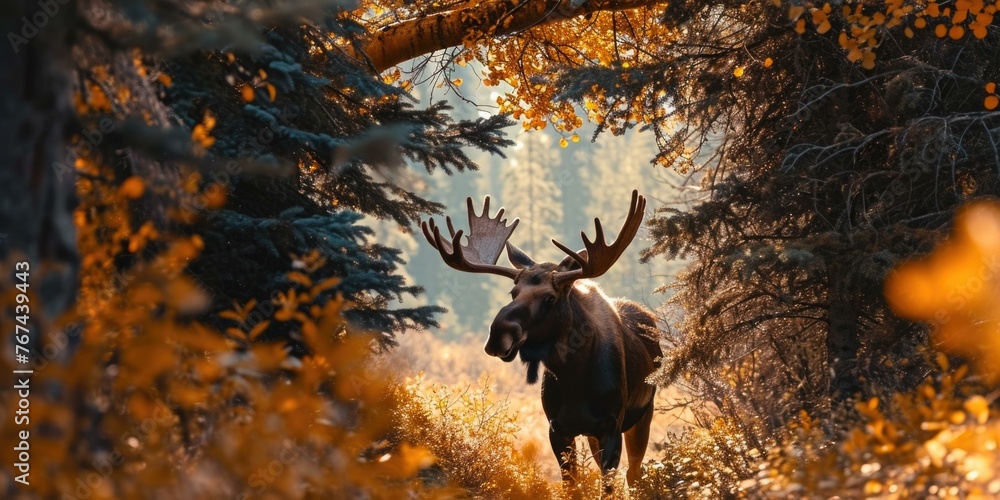 Poster a moose is walking through a forest in the fall. generative ai.