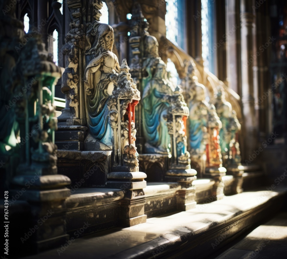 Poster a row of statues are lined up on a stone floor. generative ai.