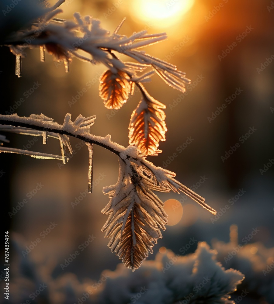 Poster a close up of a tree branch covered in ice and snow. generative ai.