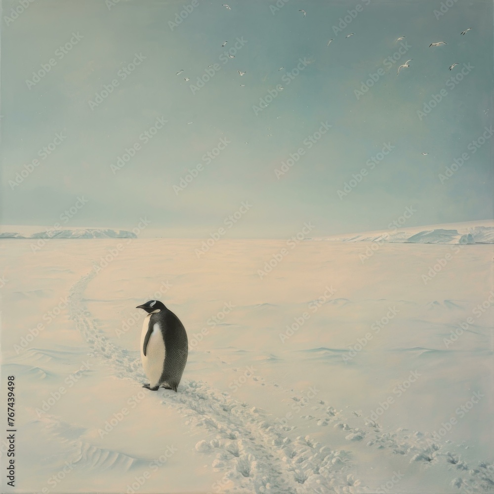 Poster a penguin walking across a snowy field with birds flying in the background. generative ai.