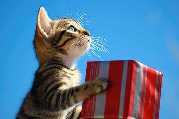 A kitten holding a red box in its paws and looking up. Generative AI.