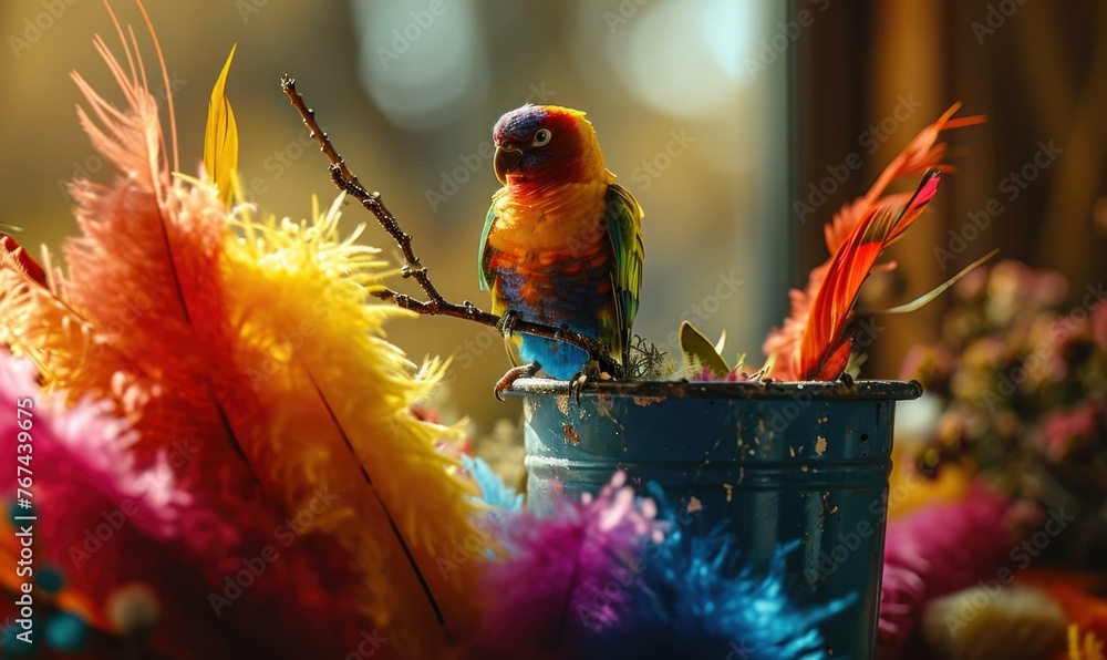 Poster a colorful bird sitting in a blue bucket with feathers. generative ai.