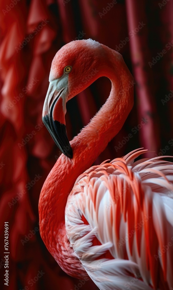 Poster a close up of a flamingo with its head turned to the side. generative ai.
