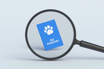 Pet passport behind magnifying glass. 3d render