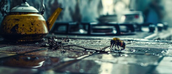 A close up of a bee on the floor near an old kettle. Generative AI.