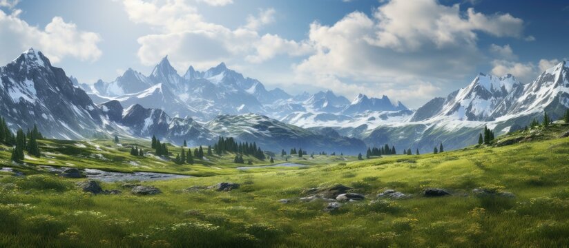 A beautiful landscape with mountains and grassy hills. Generative AI.