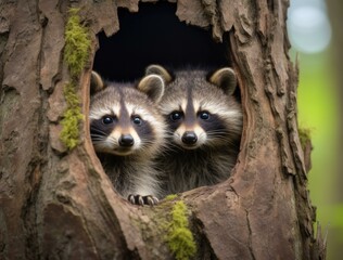 Obraz premium Two raccoons peeking out of a hole in the tree. Generative AI.
