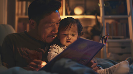 Father Reading to Child on Father's Day Evening - obrazy, fototapety, plakaty