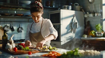 En el corazón de la cocina, una chef se convierte en artista, su enfoque es absoluto mientras orquesta una sinfonía de ingredientes frescos, cada corte una nota, cada plato una obra maestra en proceso - 767439874