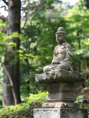 Una estatua de Buda de piedra medita en tranquila reposo entre los susurros del bosque, una encarnación de la paz y la atención plena que sirve como un suave recordatorio de la quietud interior. - obrazy, fototapety, plakaty