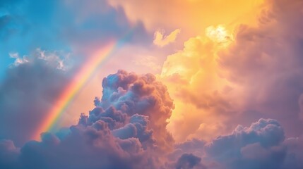 Un arcoíris caleidoscópico corta a través de un cielo tumultuoso, donde las nubes se revuelven en un tempestad de colores, atrapadas entre la furia dorada y el tranquilo azul, creando una obra maestra - obrazy, fototapety, plakaty