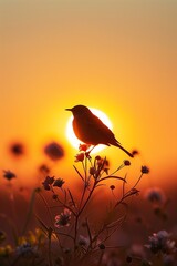Silueteado contra el lienzo ardiente del sol poniente, un ave solitaria se posa en paz, su silueta una nota delicada en la sinfonía visual del crepúsculo. - obrazy, fototapety, plakaty