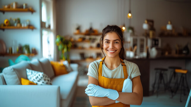 cleaning lady with detergent in a spray bottle in her hands against the background of the living room, home, cleanliness, lifestyle, portrait, woman, girl, professional, service, worker, house help