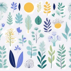 A collection of seamless pattern, colorful abstract plants and flowers. Hand drawn Collection of leaves and flowers. A close up of a pattern of flowers and leaves.
