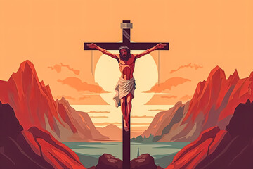 A painting of Jesus Christ on a cross. - obrazy, fototapety, plakaty