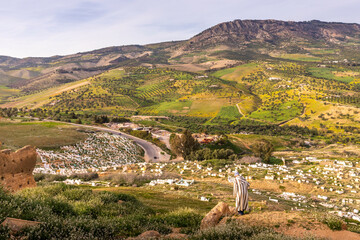 Fez, Morocco - March 17, 2024: Green Hill and muslim tombs viewed from Borj Nord Area, The ancient...