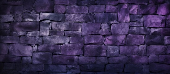 This image features a detailed view of a purple stone wall set against a dark black background