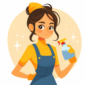 cleaning lady with detergent in a spray bottle in her hands on a white background, illustration, logo, home, cleanliness, lifestyle, portrait, woman, girl, professional, service, worker, house help