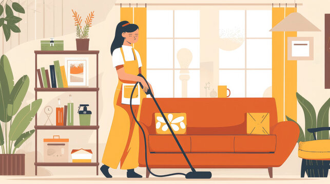 cleaning lady with vacuum cleaner in her hands, home, cleanliness, lifestyle, portrait, woman, girl, professional, service, worker, house help