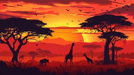 African savannah landscape at sunset with acacia trees and wildlife silhouettes, vector illustration - obrazy, fototapety, plakaty