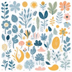 A collection of seamless pattern, colorful abstract plants and flowers. Hand drawn Collection of leaves and flowers. A close up of a pattern of flowers and leaves.
