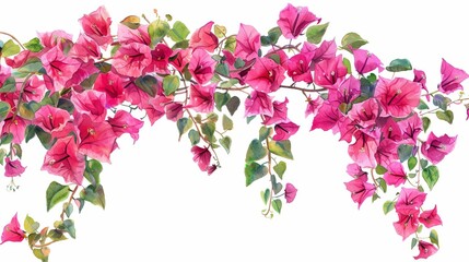 Bougainvillea creeper illustration - Vibrant pink flowers hanging gracefully, isolated on white background, watercolor painting