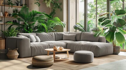 Comfortable and casual living room interior with a large sectional sofa, natural wood accents, and lush indoor plants, cozy modern home design
