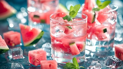 water infused with watermelon and cubes of ice
