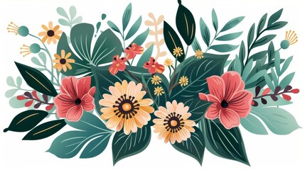 Floral vector illustration with decorative flowers, leaves, and swirls, elegant nature-inspired design - obrazy, fototapety, plakaty