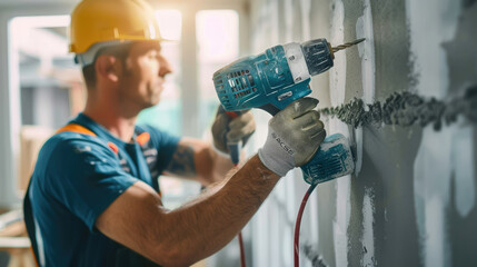 a worker holds a drill in his hands, drills a wall, construction, builder, house, architecture, background, concrete, man, hands, tools