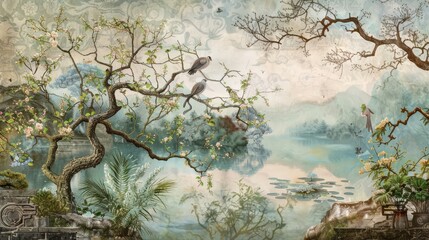 Tropical Exotic Landscape Wallpaper. Hand Drawn Chinoiserie Wall Design. Luxury Mural