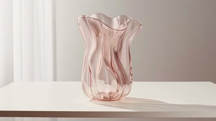  a pink glass vase sitting on top of a white table next to a white vase with a shadow on it.