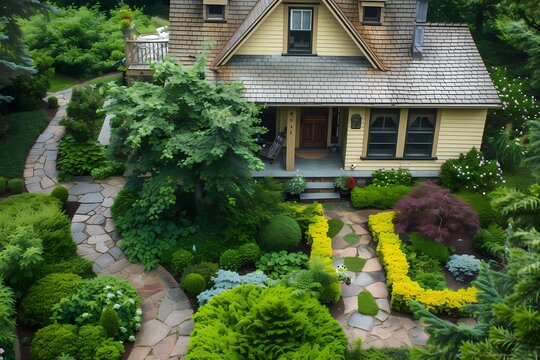 From above, a picturesque craftsman cottage exterior painted in pale lemon yellow, with a neatly trimmed garden and a stone pathway.
