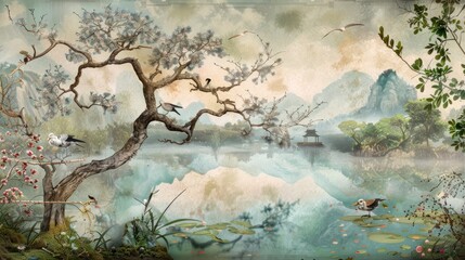 Tree by the lake. Misty landscape. Tree with birds in the Japanese garden. Chinoiserie mural, Wallpaper for interior printing