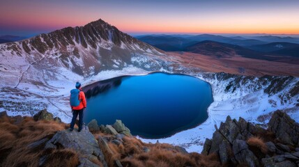  a man standing at the top of a mountain looking at a blue lake in the middle of a mountain range. - obrazy, fototapety, plakaty