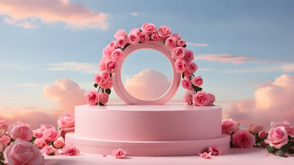 Pink pedestal for product placement decorated with pink roses with blue sky and clouds on the background