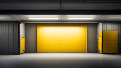 A large spacious white empty garage with a large yellow door