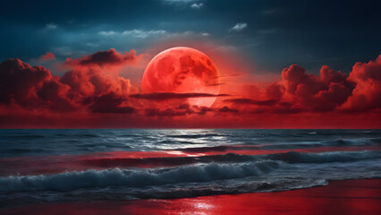 Dramatic night sea landscape with a big red moon
