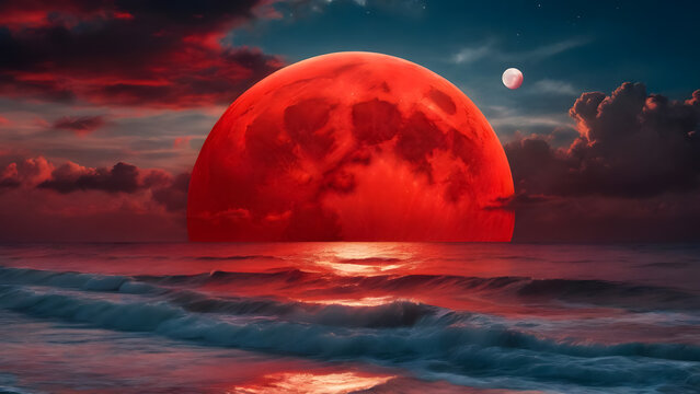 Dramatic night sea landscape with a big red planet and  small moon