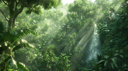  a forest filled with lots of green trees and lots of sunlight shining through the canopy of the trees on the side of the road. - obrazy, fototapety, plakaty