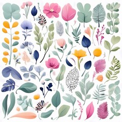 A collection of seamless pattern, colorful abstract plants and flowers. Hand drawn Collection of leaves and flowers. A close up of a pattern of flowers and leaves.
