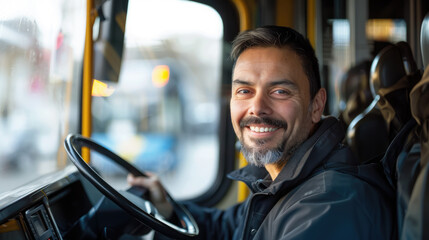 bus driver behind the wheel, smiling man, portrait, face, public transport, professional, worker, employee, trolleybus, people, person, road, window, steering wheel, interior, salon